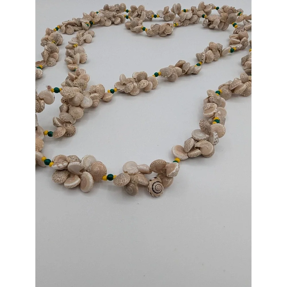 Vintage‎ Long Shell Lei Necklace Green Yellow Seed Beads Boho Coastal 60 Inch